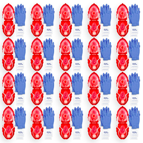 A bulk product display showing a large grid of approximately 20 CPR rescue mask kits. Each unit consists of an open red hard-shell case containing a transparent mask, accompanied by a pair of blue gloves and alcohol prep pads.