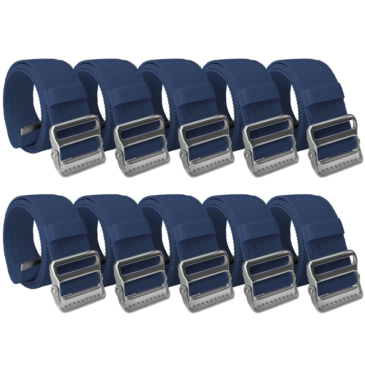 A studio shot of a bulk set containing ten navy blue gait belts. The belts are neatly arranged in two parallel rows of five against a white background. Each item is coiled to display the heavy-duty metal buckle and the texture of the cotton strap.