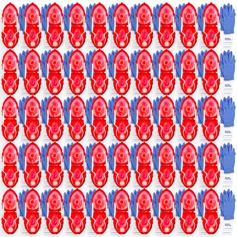 A bulk product display showing a large grid of approximately 50 CPR rescue mask kits. Each unit consists of an open red hard-shell case containing a transparent mask, accompanied by a pair of blue gloves and alcohol prep pads.