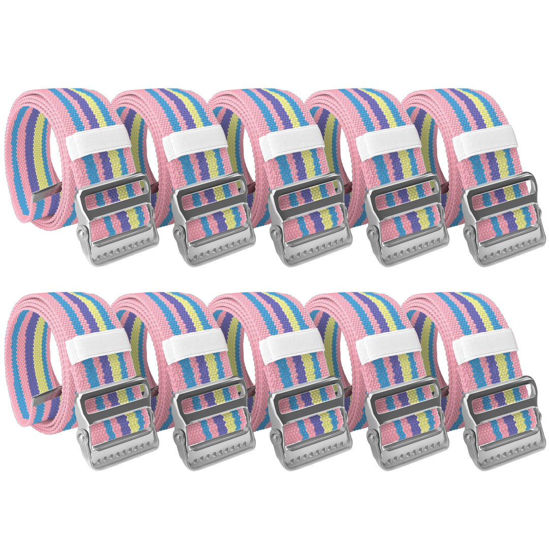 A studio shot of a bulk set containing ten pastel colors gait belts. The belts are neatly arranged in two parallel rows of five against a white background. Each item is coiled to display the heavy-duty metal buckle and the texture of the cotton strap.