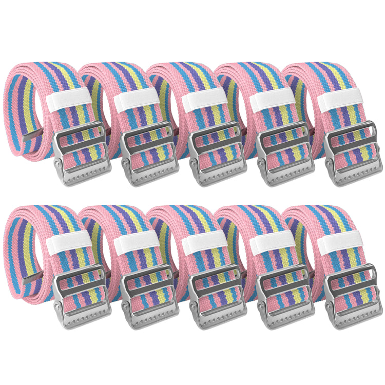 A studio shot of a bulk set containing ten pastel colors gait belts. The belts are neatly arranged in two parallel rows of five against a white background. Each item is coiled to display the heavy-duty metal buckle and the texture of the cotton strap.