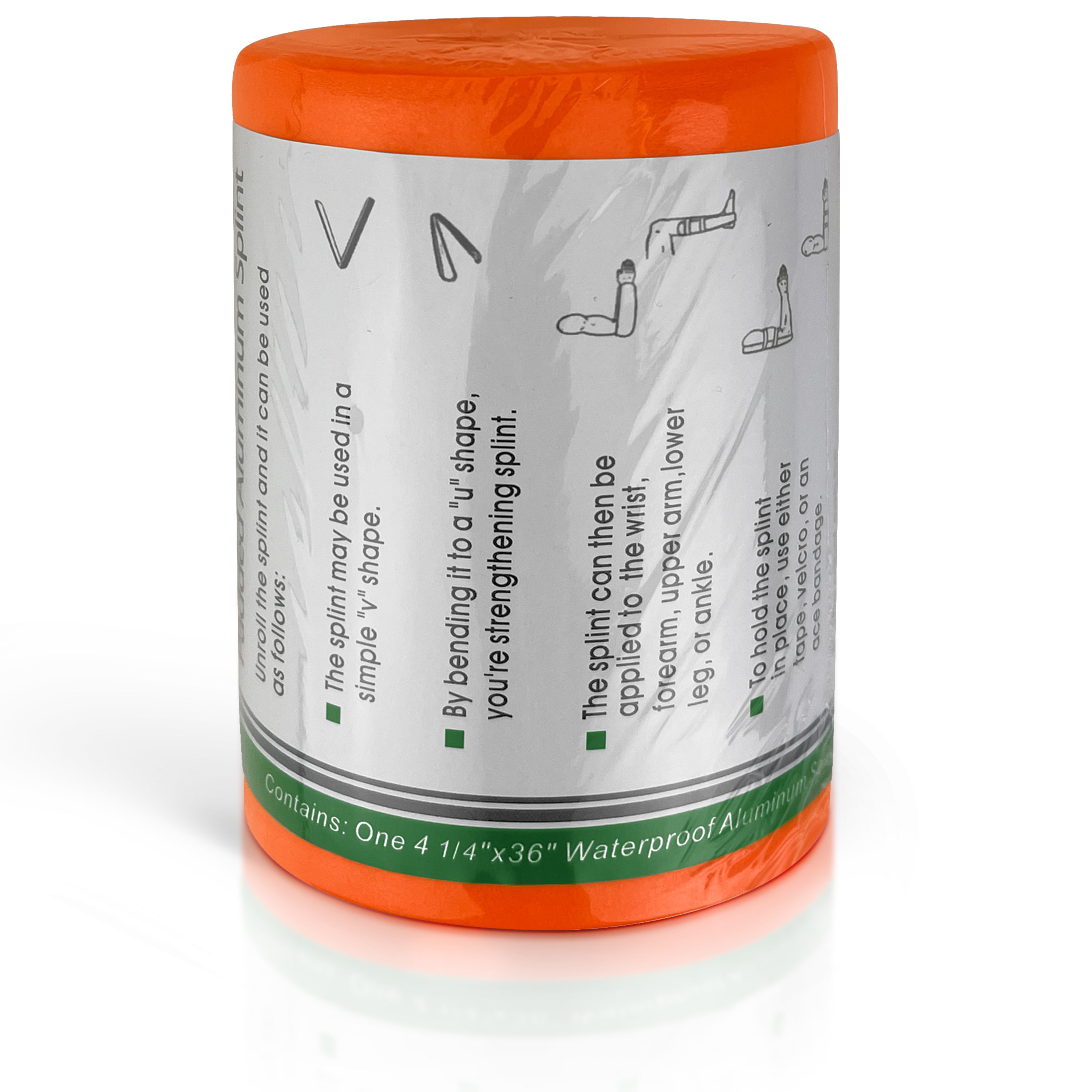 Close-up of a rolled-up orange emergency splint with a white label detailing instructions on how to unroll, bend it into a V or U shape for strengthening, apply it to the wrist, forearm, upper arm, lower leg, or ankle, and secure it with tape, velcro, or a bandage. The label also specifies the contents: One $4\;1/4'' \times 36''$ Waterproof Aluminum Splint.