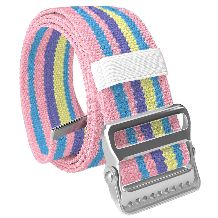 A high-angle studio shot of the pastel colors gait belt coiled up. The large metal buckle is prominent in the foreground, showing the locking teeth mechanism, while the pastel colors cotton webbing is neatly rolled behind it.