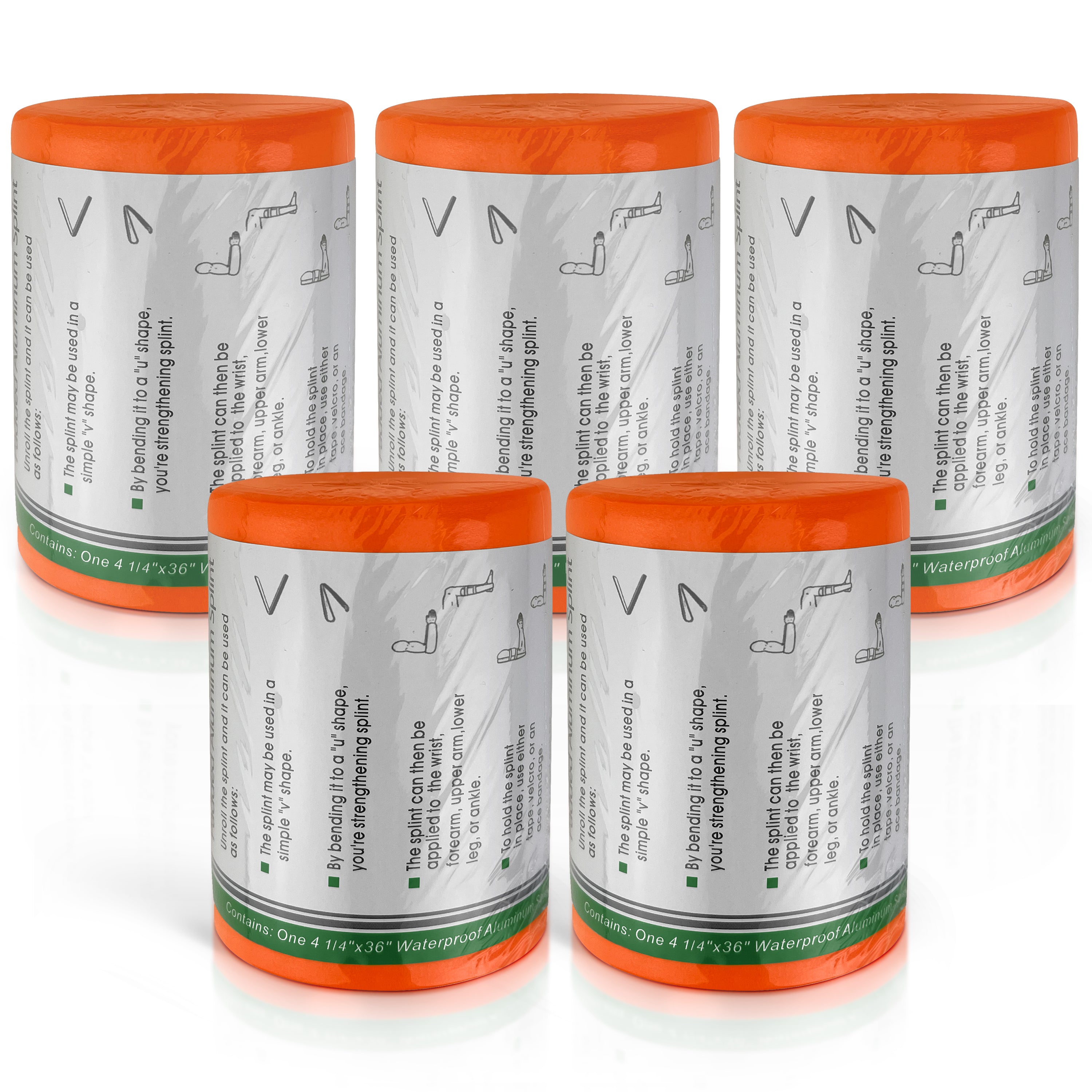 Close-up of five rolled-up orange emergency splints with a white label detailing instructions on how to unroll, bend it into a V or U shape for strengthening, apply it to the wrist, forearm, upper arm, lower leg, or ankle, and secure it with tape, velcro, or a bandage. The label also specifies the contents: One $4\;1/4'' \times 36''$ Waterproof Aluminum Splint.