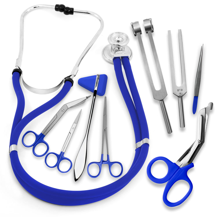 A blue medical diagnostic kit including a dual-head stethoscope, reflex hammer, bandage scissors, hemostat forceps, tweezers, and two tuning forks.