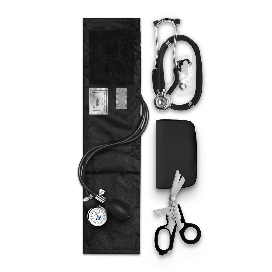 An organized flat lay of a medical kit displaying a fully unrolled black blood pressure cuff, a black stethoscope, a black zippered carrying pouch, and folded trauma shears.