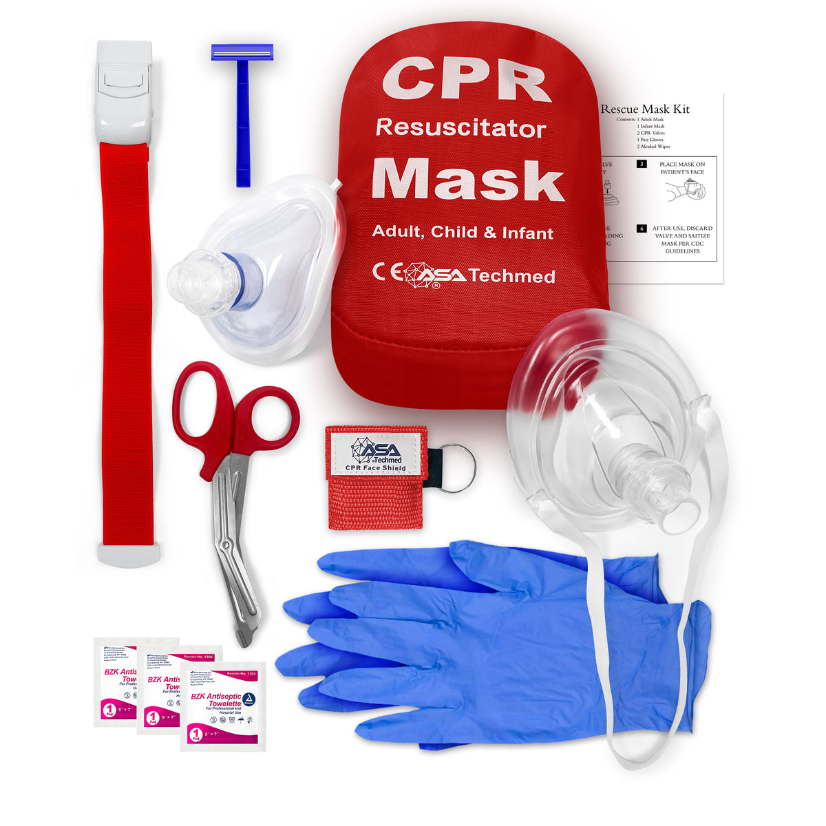 A comprehensive CPR Resuscitator Mask Kit laid out on a white surface. Components include a red carrying pouch, a large adult/child mask, a smaller infant mask, blue medical gloves, trauma shears, a white quick-release tourniquet, alcohol prep pads, and a red CPR face shield keychain pouch.