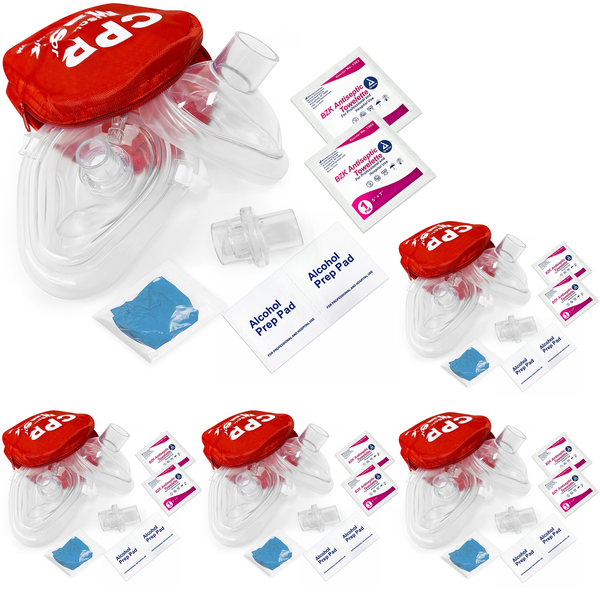 A bulk display of five CPR rescue mask kits, each containing a red carrying case, a clear face mask, gloves, alcohol pads, and antiseptic wipes arranged in individual sets.
