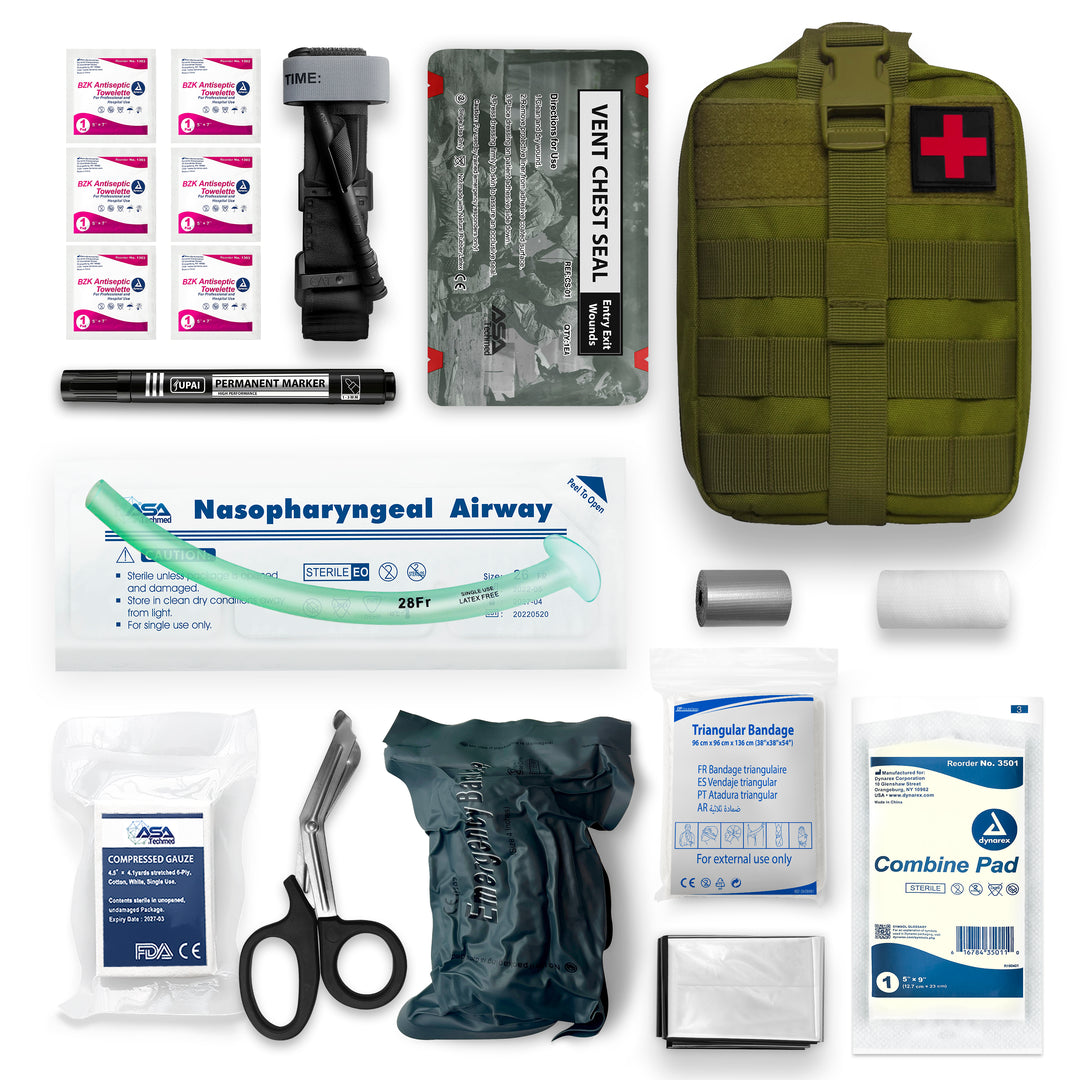 Flat lay of 19-piece tactical kit contents including chest seal, airway, and marker.