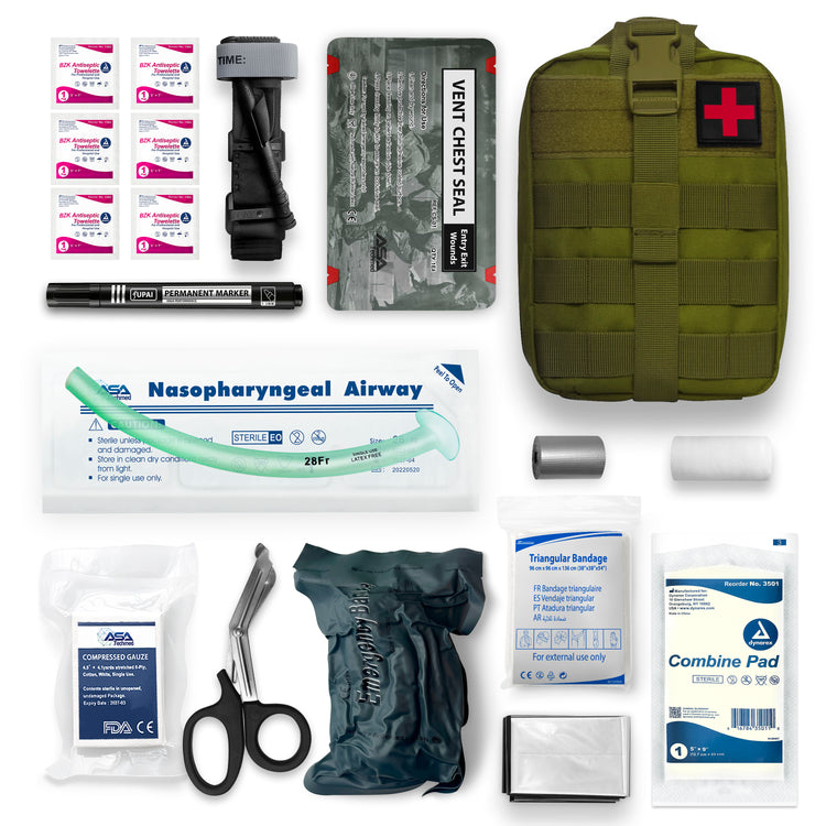 Flat lay of 19-piece tactical kit contents including chest seal, airway, and marker.