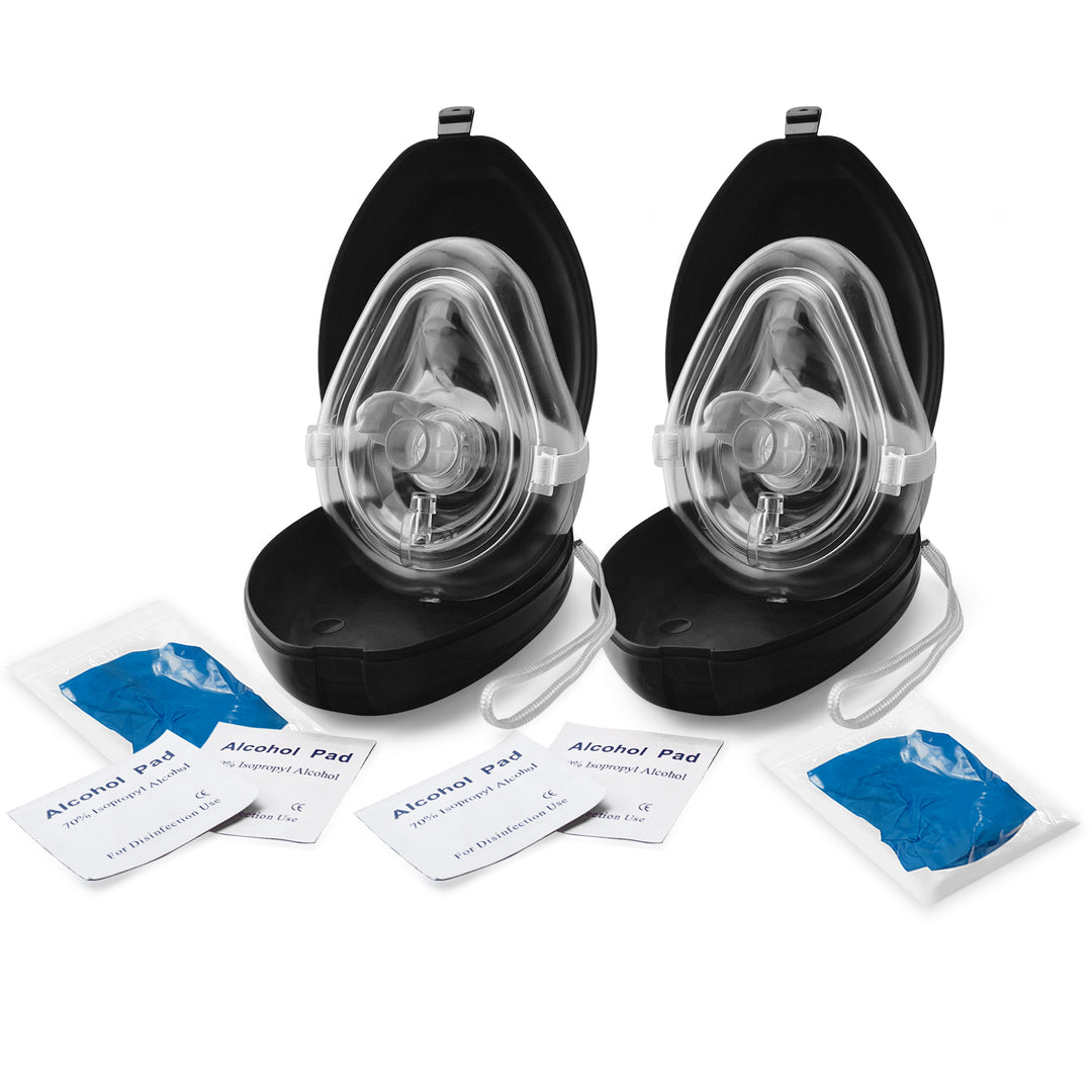 Two CPR rescue mask kits displayed side-by-side, each consisting of an open black case with a mask, two alcohol wipes, and a pair of gloves in a clear packet.