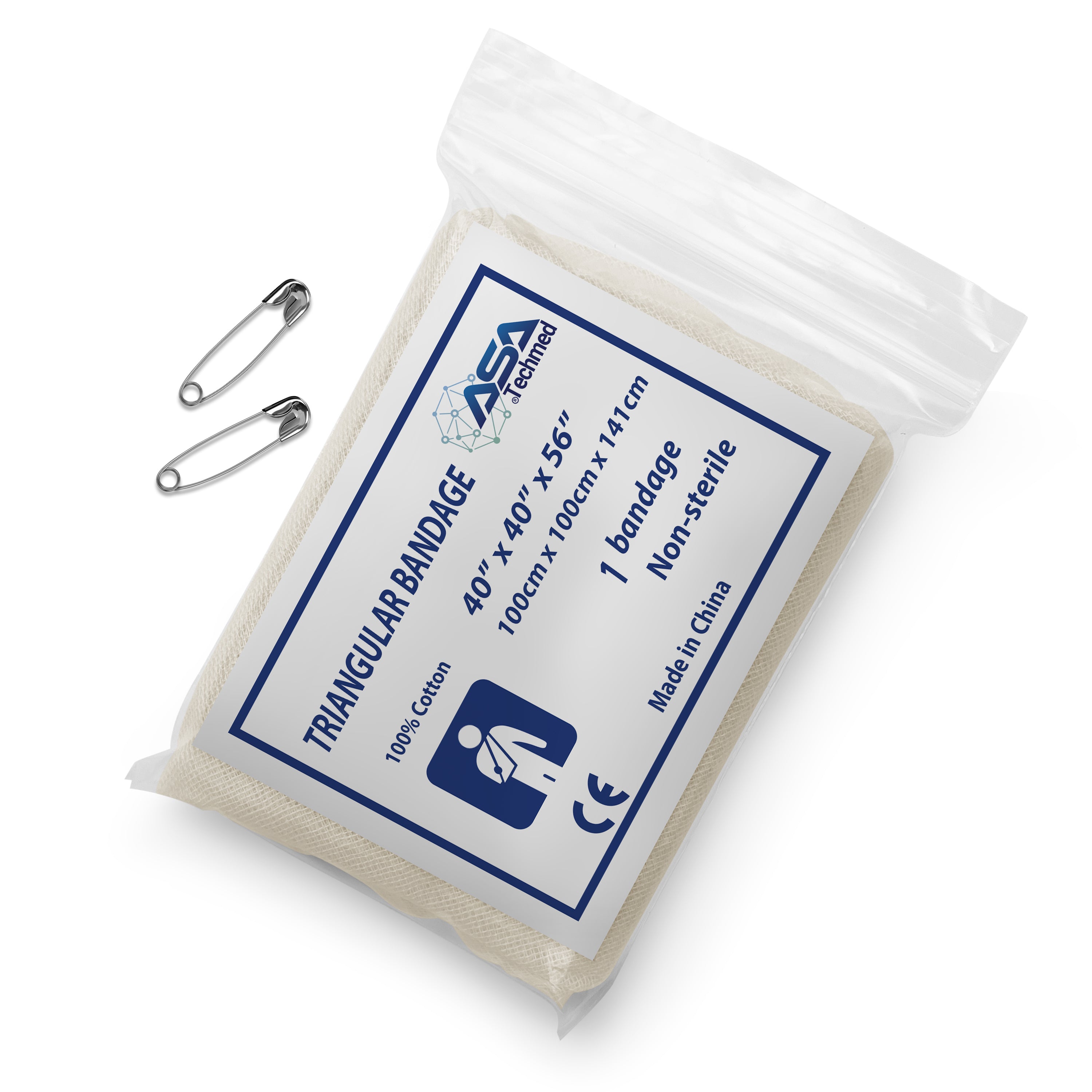 A product shot of a packaged triangular bandage. The white bandage is folded inside a clear plastic zip-lock bag labeled "ASA Techmed TRIANGULAR BANDAGE." The label specifies dimensions of 40" x 40" x 56" (100cm x 100cm x 141cm), noting it is "1 bandage," "Non-sterile," and "100% Cotton." Two silver safety pins lie next to the package.