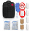First aid kit with black pouch, bandages, gloves, and other supplies on a white background
