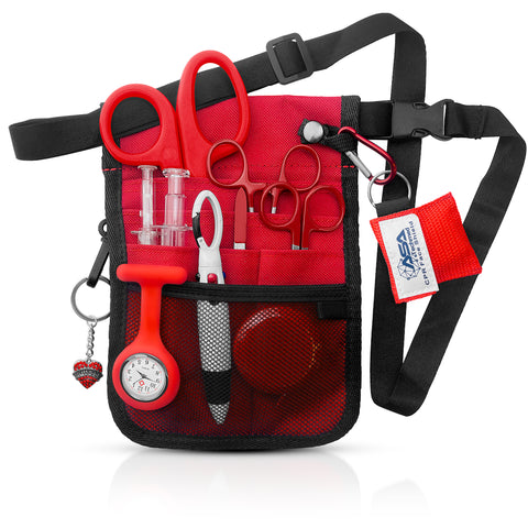 Medical Belt Utility Kit, Nurse Pro Pocket Organizer Pouch Hip Bag for EMT, CNA, NP, PA Red Nurse Kits