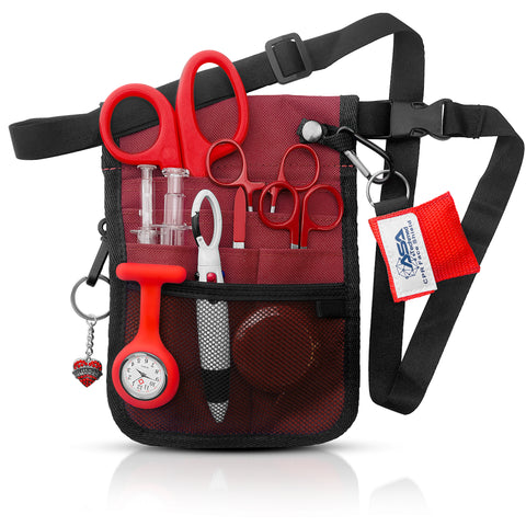 Medical Belt Utility Kit, Nurse Pro Pocket Organizer Pouch Hip Bag for EMT, CNA, NP, PA Maroon Nurse Kits