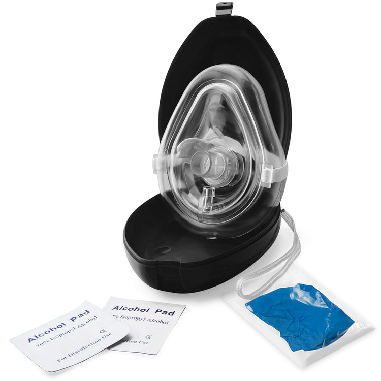 A complete individual CPR kit featuring an open black case with a clear mask inside, displayed alongside two alcohol prep pads and a packet of blue nitrile gloves.