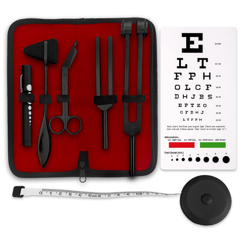 7 Pcs Tactical Black Diagnostic Reflex Percussion Kit - Taylor Hammer, Measuring Tape, Tuning Forks, Bandage Scissors, Pupil Gauge Penlight, Snellen Eye Chart Physical Therapy kits