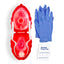 A flat lay composition of a single CPR rescue kit. The red case is open to show the transparent mask stored inside, arranged neatly next to a pair of blue gloves and two white alcohol prep pad packets.