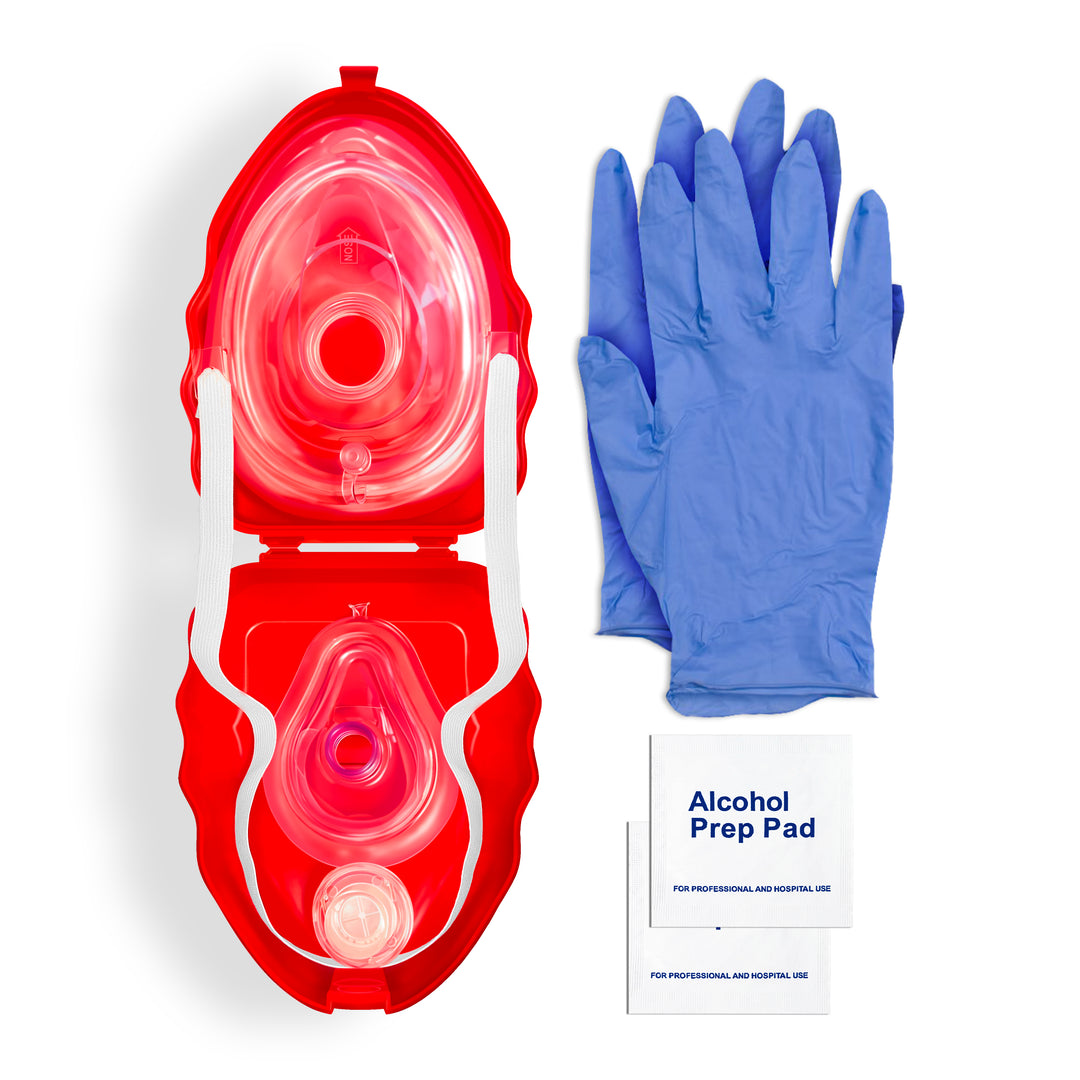 A flat lay composition of a single CPR rescue kit. The red case is open to show the transparent mask stored inside, arranged neatly next to a pair of blue gloves and two white alcohol prep pad packets.