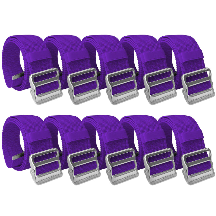 A studio shot of a bulk set containing ten purple gait belts. The belts are neatly arranged in two parallel rows of five against a white background. Each item is coiled to display the heavy-duty metal buckle and the texture of the cotton strap.