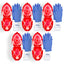 A studio product shot of a 5-pack set of CPR emergency kits. The red, heart-shaped cases are arranged in two rows and are open to reveal the mask inside, with blue gloves and white antiseptic wipes placed next to each case.