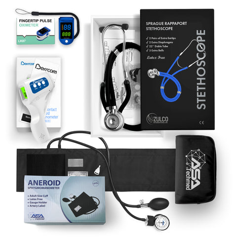 Collection of medical equipment including a stethoscope, digital thermometer, Oximeter and aneroid sphygmomanometer on a white background.