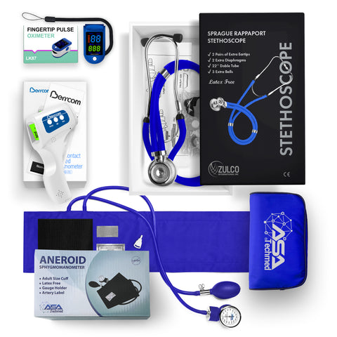 Collection of medical equipment including a stethoscope, digital thermometer, Oximeter and aneroid sphygmomanometer on a white background.