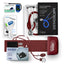 Collection of medical equipment including a stethoscope, digital thermometer, Oximeter and aneroid sphygmomanometer on a white background.