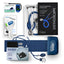 Collection of medical equipment including a stethoscope, digital thermometer, Oximeter and aneroid sphygmomanometer on a white background.