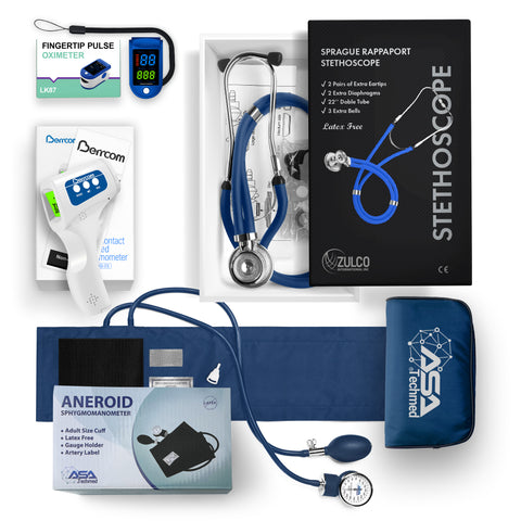 Collection of medical equipment including a stethoscope, digital thermometer, Oximeter and aneroid sphygmomanometer on a white background.