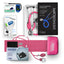 Collection of medical equipment including a stethoscope, digital thermometer, Oximeter and aneroid sphygmomanometer on a white background.