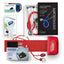 Collection of medical equipment including a stethoscope, digital thermometer, Oximeter and aneroid sphygmomanometer on a white background.
