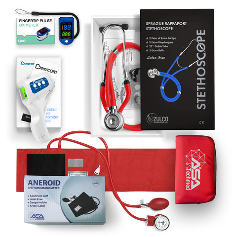 Collection of medical equipment including a stethoscope, digital thermometer, Oximeter and aneroid sphygmomanometer on a white background.