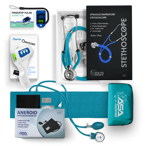 Collection of medical equipment including a stethoscope, digital thermometer, Oximeter and aneroid sphygmomanometer on a white background.