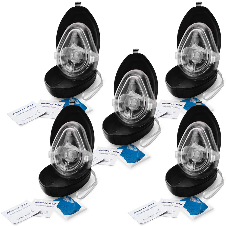 A set of five CPR rescue mask kits arranged in a group, with each kit opened to show the mask, alcohol pads, and gloves.