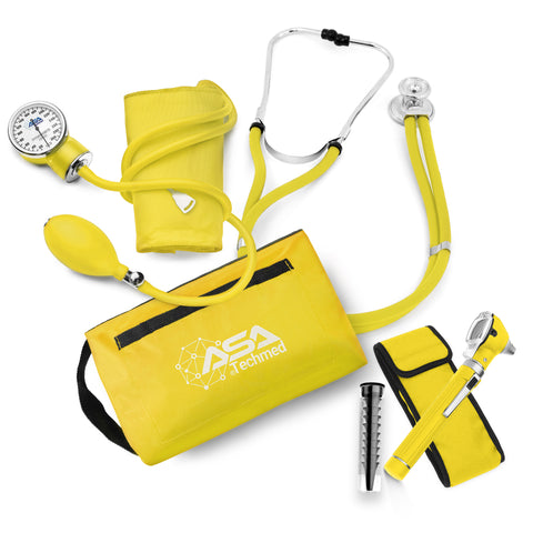 Nurse Essentials Professional Kit with Handheld Travel Case | 3 Part Kit Includes Adult Aneroid Sphygmomanometer Blood Pressure Monitor, Stethoscope, Diagnostic Otoscope Yellow Nurse Kits