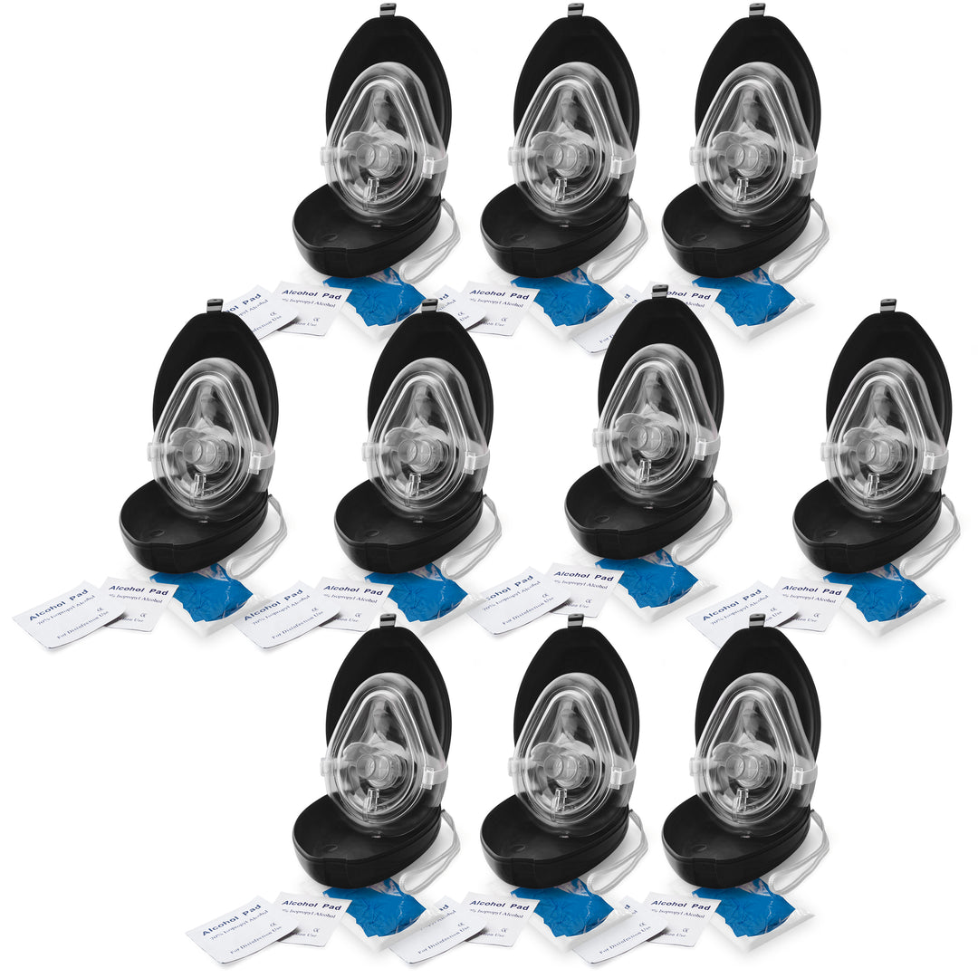 A set of ten CPR rescue mask kits arranged in a group, with each kit opened to show the mask, alcohol pads, and gloves.
