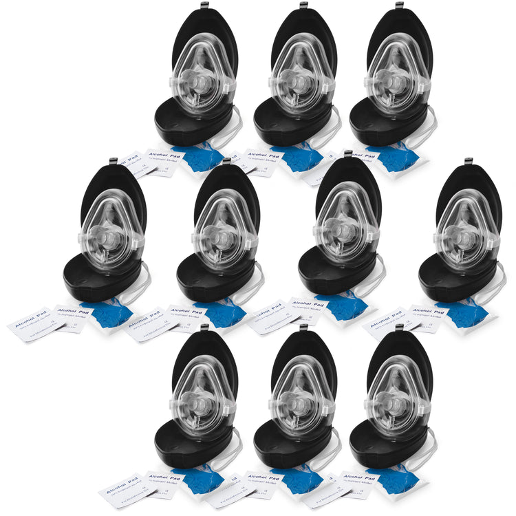 A set of ten CPR rescue mask kits arranged in a group, with each kit opened to show the mask, alcohol pads, and gloves.