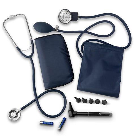 Nurse Essentials Starter Kit with Handheld Travel Case | 3 Part Kit Includes Adult Aneroid Sphygmomanometer Blood Pressure Monitor, Stethoscope, Mini Diagnostic Otoscope Navy Blue Nurse Kits