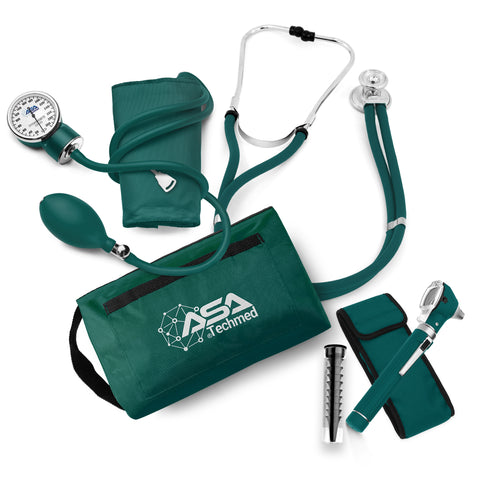 Nurse Essentials Professional Kit with Handheld Travel Case | 3 Part Kit Includes Adult Aneroid Sphygmomanometer Blood Pressure Monitor, Stethoscope, Diagnostic Otoscope Green Nurse Kits
