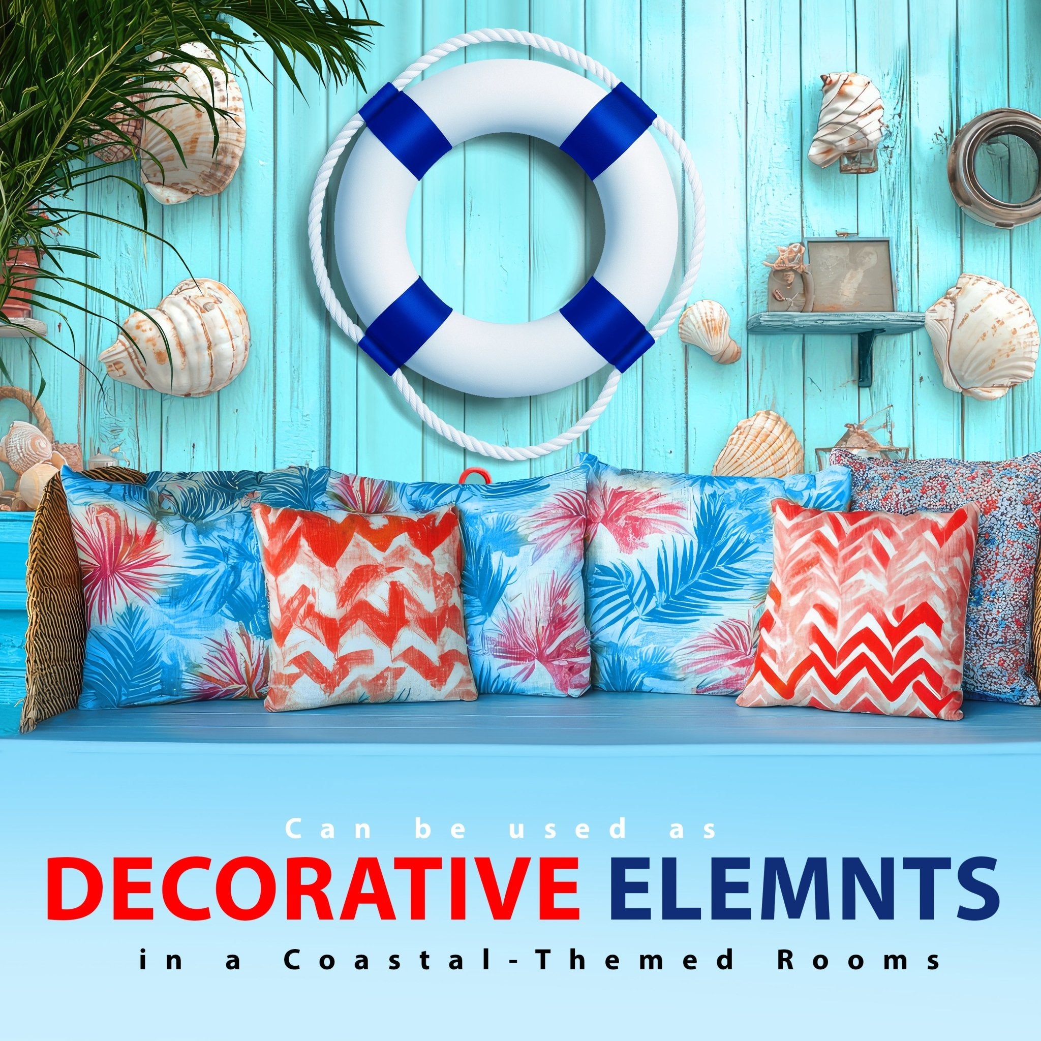 A staged photo showing the life preserver buoy hanging on a distressed blue wooden wall decorated with seashells. The text states it "Can be used as DECORATIVE ELEMNTS in a Coastal-Themed Rooms."