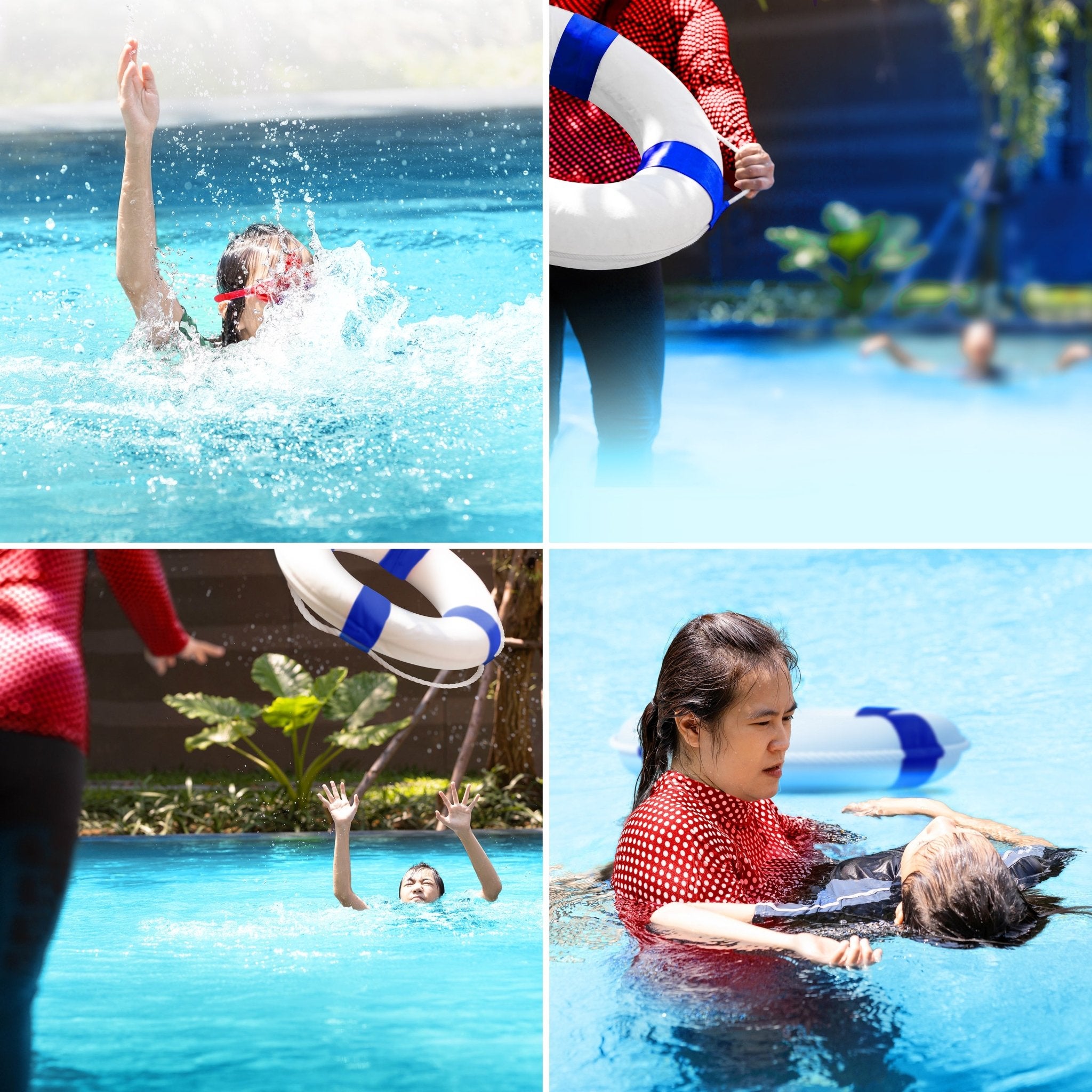 A four-panel photo showing a water rescue sequence: a person struggling in the water, a rescuer holding the life buoy ring, the rescuer throwing the ring to the victim, and the rescuer supporting the victim in the water.