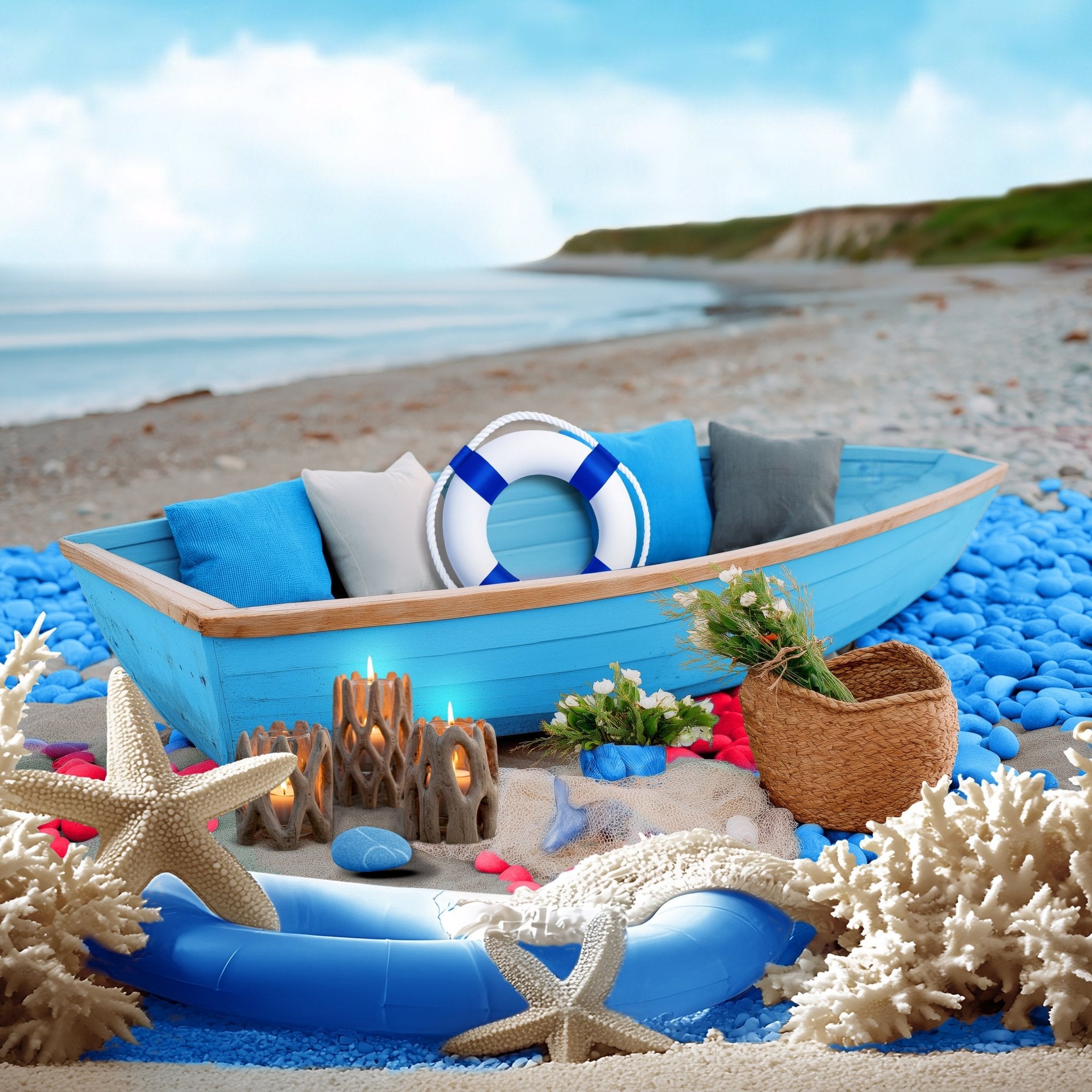 A decorative scene on a beach featuring a blue rowboat filled with pillows and a life preserver buoy. The boat is surrounded by blue pebbles, white starfish, coral, and candles.