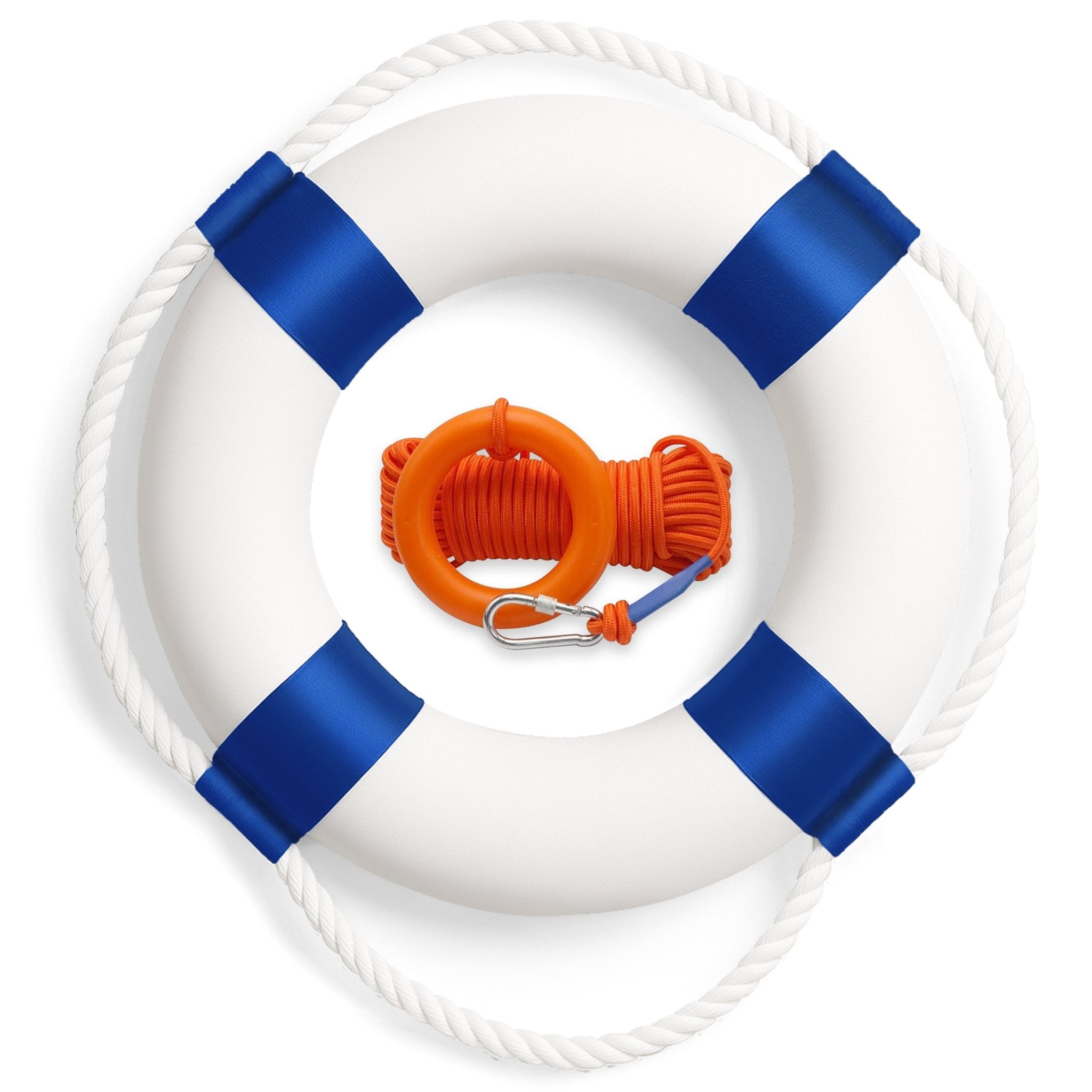 A white life preserver buoy ring with four blue reflective patches and white perimeter rope. The center holds a coiled orange polypropylene rope attached with a metal carabiner clip.
