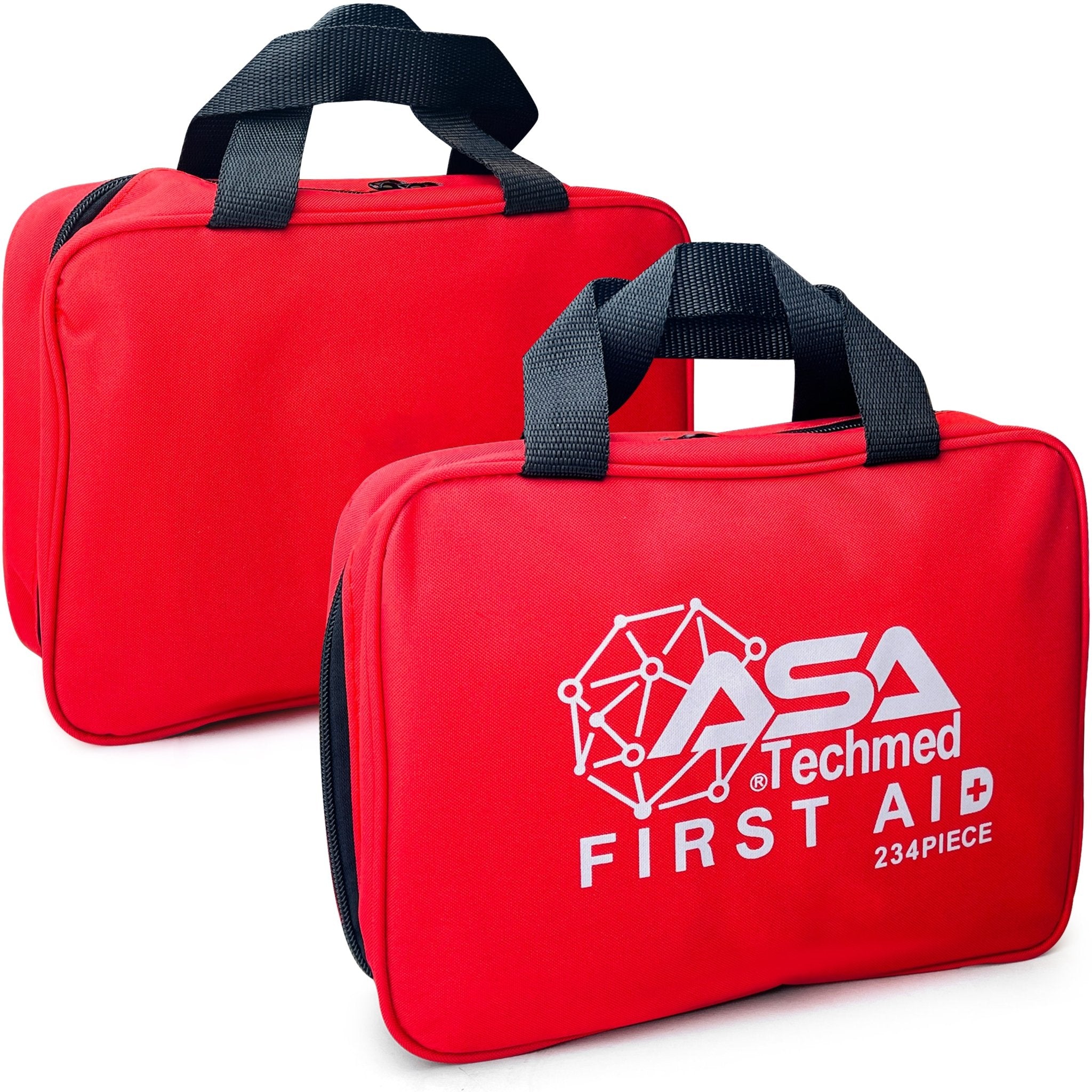 Two identical red ASA Techmed First Aid Kit bags, with the front bag prominently featuring the logo and "FIRST AID KIT 234 PIECE."