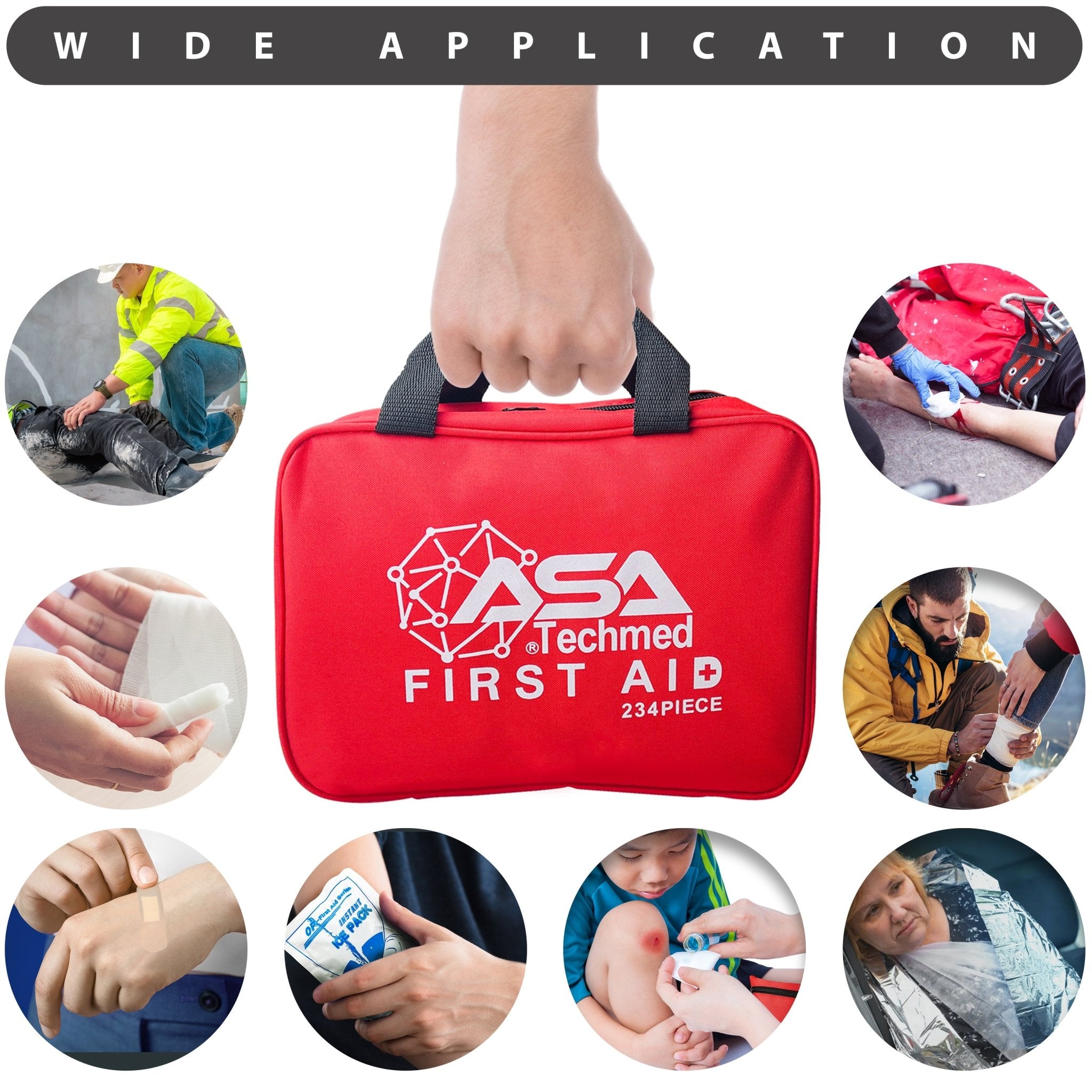 A hand holds the red ASA Techmed First Aid Kit bag, surrounded by seven circular photos illustrating its "WIDE APPLICATION" for scenarios like construction injury, treating an arm wound, bandaging a hand, applying a bandage, using an ice pack, treating a child's scraped knee, and emergency blanket use.