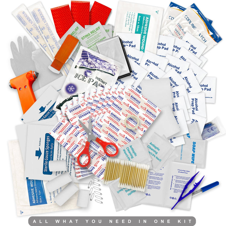 A pile of various first aid supplies including bandages, alcohol pads, wood tongue depressors, red scissors, stinging relief pads, and a cool pack, centered under the text "ALL WHAT YOU NEED IN ONE KIT."