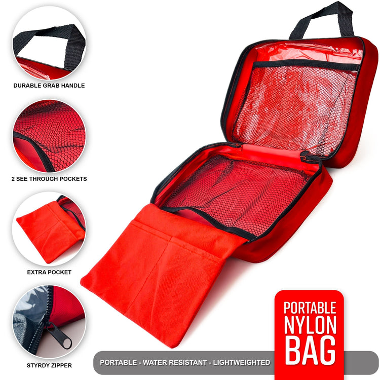 An opened red nylon first aid bag interior, highlighting features like a grab handle, transparent pocket, see-through pocket, and sturdy zipper, and labeled as portable, water-resistant, and lightweight.