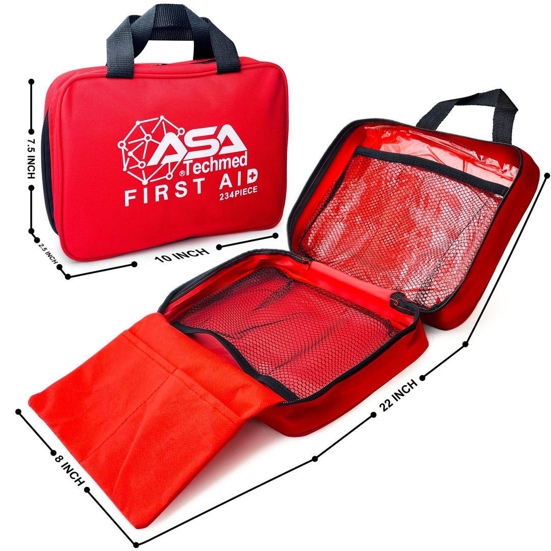 A red ASA Techmed First Aid Kit bag, showing both its closed front and its open layout, with dimensions marked: 10 inches wide by 7.5 inches high by 2.5 inches deep when closed, and 22 inches wide when fully opened. The kit contains 234 pieces.