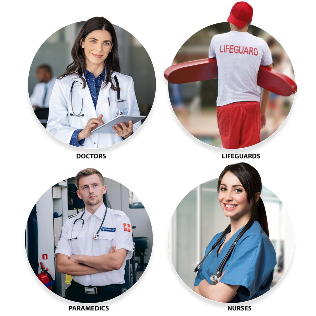 Four circular photos showing professionals who use first aid, labeled: "Doctors," "Lifeguards," "Paramedics," and "Nurses."